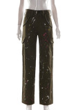 Army Green Casual Street Print Patchwork Straight High Waist Straight Full Print Bottoms