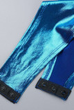 Blue Sexy Solid Patchwork Asymmetrical Half A Turtleneck Sleeveless Two Pieces