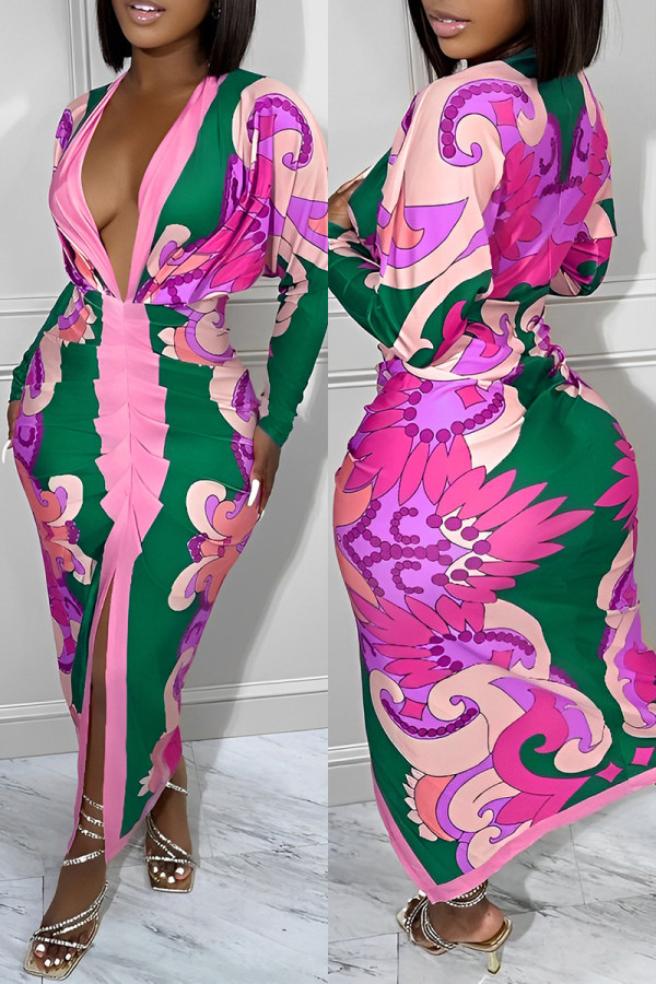 Ink Green Sexy Casual Print Patchwork Slit Fold V Neck Long Sleeve Dresses