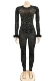 Apricot Sexy Patchwork Hot Drilling See-through O Neck Skinny Jumpsuits