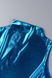 Blue Sexy Solid Patchwork Asymmetrical Half A Turtleneck Sleeveless Two Pieces