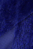 Blue Sexy Solid Patchwork Asymmetrical Half A Turtleneck Sleeveless Two Pieces