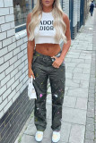 Army Green Casual Street Print Patchwork Straight High Waist Straight Full Print Bottoms