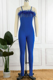 Red Sexy Solid Patchwork Feathers Spaghetti Strap Skinny Jumpsuits