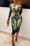 Colour Sexy Print Patchwork O Neck Pencil Skirt Dresses