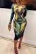 Colour Sexy Print Patchwork O Neck Pencil Skirt Dresses