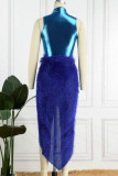 Blue Sexy Solid Patchwork Asymmetrical Half A Turtleneck Sleeveless Two Pieces