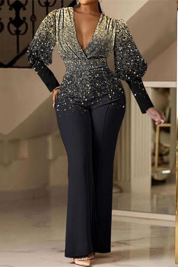 Black Casual Print Patchwork V Neck Regular Jumpsuits