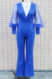 Blue Casual Solid Patchwork See-through V Neck Regular Jumpsuits