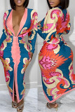 Red Sexy Casual Print Patchwork Slit Fold V Neck Long Sleeve Dresses