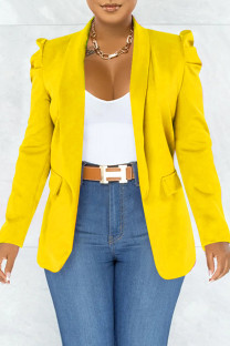 Yellow Casual Solid Patchwork Cardigan Turn-back Collar Outerwear