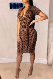 Brown Casual Print Patchwork Zipper Collar Short Sleeve Dress