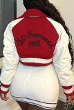 Red Street Patchwork Embroidered Turndown Collar Outerwear