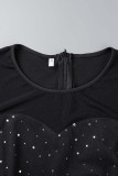 Black Casual Solid Patchwork See-through O Neck Long Sleeve Dresses