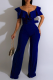 Blue Casual Solid Patchwork Off the Shoulder Boot Cut Jumpsuits