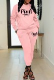 Pink Casual Print Letter Hooded Collar Long Sleeve Two Pieces
