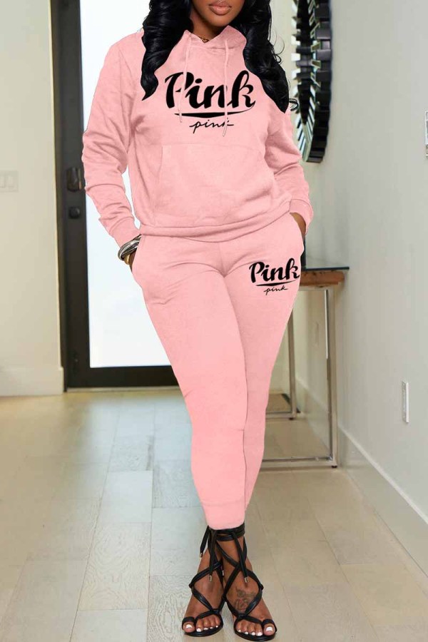 Pink Casual Print Letter Hooded Collar Long Sleeve Two Pieces