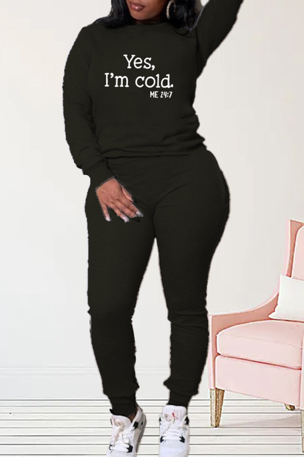 Black Casual Print Letter O Neck Long Sleeve Two Pieces