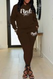 Pink Casual Print Letter Hooded Collar Long Sleeve Two Pieces