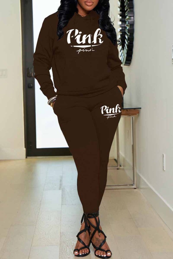 Coffee Casual Print Letter Hooded Collar Long Sleeve Two Pieces