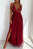 Grey Sexy Formal Solid Sequins Patchwork Backless Slit Spaghetti Strap Evening Dress Dresses