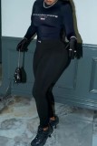 Black Casual Letter Print Basic Turtleneck Long Sleeve Two Pieces
