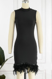 Black Sexy Casual Solid Patchwork Feathers Half A Turtleneck Sleeveless Dress Dresses