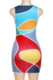 Blue Sexy Print Basic O Neck Sleeveless Dress Dresses