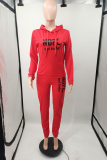 Red Street Print Draw String Hooded Collar Long Sleeve Two Pieces