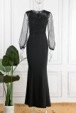 Black Casual Solid Patchwork See-through O Neck Long Sleeve Dresses