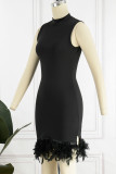 Black Sexy Casual Solid Patchwork Feathers Half A Turtleneck Sleeveless Dress Dresses