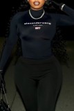 Black Casual Letter Print Basic Turtleneck Long Sleeve Two Pieces