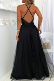 Black Sexy Formal Solid Sequins Patchwork Backless Slit Spaghetti Strap Evening Dress Dresses