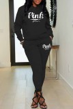 Pink Casual Print Letter Hooded Collar Long Sleeve Two Pieces