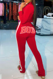 Red Casual Print Long Sleeve Two Pieces