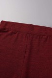 Burgundy Casual Solid Basic V Neck Long Sleeve Two Pieces