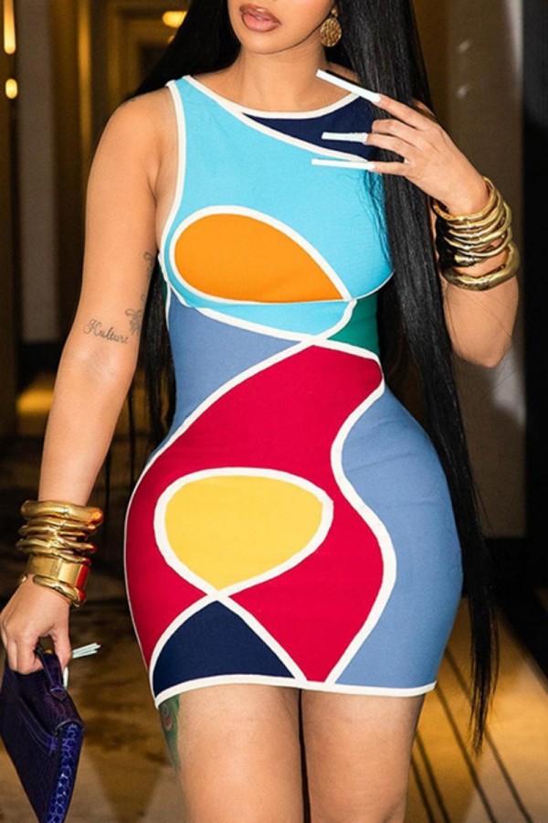 Blue Sexy Print Basic O Neck Sleeveless Dress Dresses