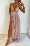 Champagne Sexy Formal Solid Sequins Patchwork Backless Slit Spaghetti Strap Evening Dress Dresses