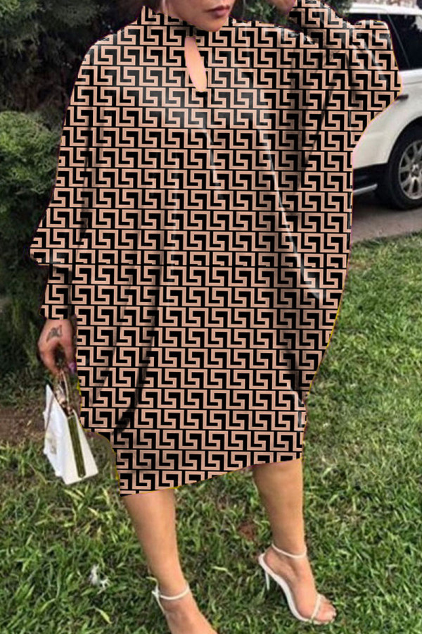 Black khaki Casual Print Hollowed Out Half A Turtleneck Long Sleeve Dresses