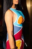 Blue Sexy Print Basic O Neck Sleeveless Dress Dresses