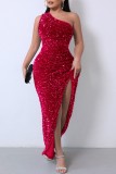 Rose Red Sexy Formal Solid Sequins Patchwork Backless Slit One Shoulder Evening Dress Dresses