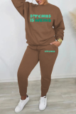 Khaki Casual Print Letter O Neck Long Sleeve Two Pieces