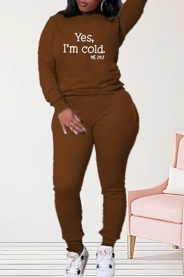 Brown Casual Print Letter O Neck Long Sleeve Two Pieces