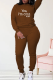 Brown Casual Print Letter O Neck Long Sleeve Two Pieces