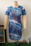 Blue Sexy Print See-through Slit O Neck Plus Size Beach Sun Protection Clothing