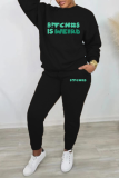 Dark Green Casual Print Letter O Neck Long Sleeve Two Pieces