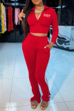 Red Casual Print Long Sleeve Two Pieces