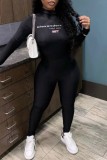 Black Casual Letter Print Basic Turtleneck Long Sleeve Two Pieces