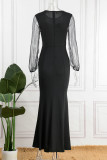 Black Casual Solid Patchwork See-through O Neck Long Sleeve Dresses