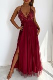 Burgundy Sexy Formal Solid Sequins Patchwork Backless Slit Spaghetti Strap Evening Dress Dresses